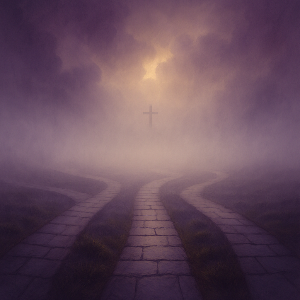 Spiritual journey path with divine light and cross